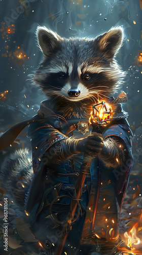 Raccoon dressed as a wizard with a staff and magical symbols floating around