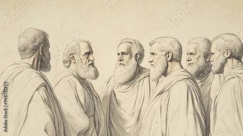 Joshua's Commission: Joshua and elders of Israel, support and allegiance, biblical illustration, Beige Background