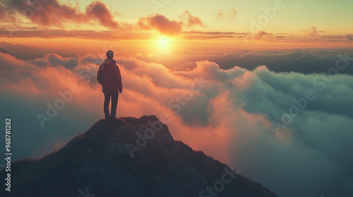 A person stands on a rocky peak, gazing at a vibrant sunrise above the clouds in a serene mountain landscape