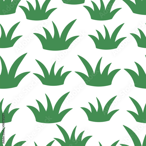 Grass. Green bushes. Repeating vector pattern. Isolated colorless background. Seamless summer ornament of vegetation for lawn. Flat style. Idea for web design, wallpaper.