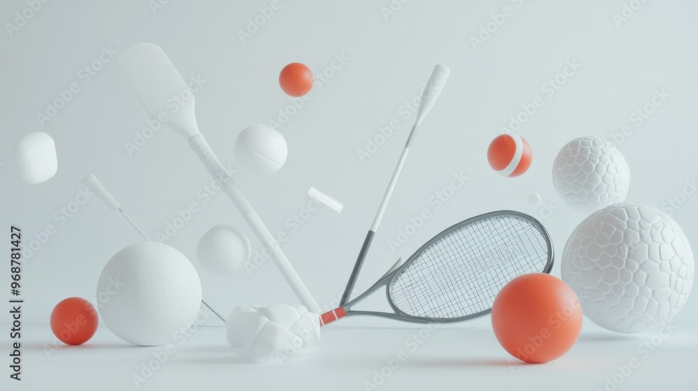 Tennis Racket, Balls, and Paddle in Mid-Air Tennis Racket, Balls, and Paddle in Mid-Air