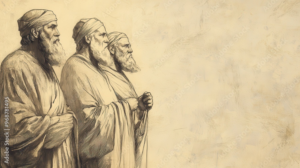 Fototapeta premium The Allotment for Ephraim: Ephraim’s leaders ready to receive inheritance, standing before Joshua, biblical illustration, Beige Background