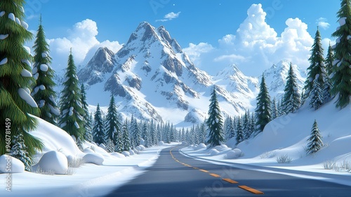 A serene winter landscape featuring snowy mountains, tall evergreen trees, and a winding road under a clear blue sky.