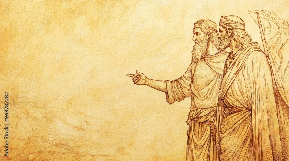 Fototapeta premium Allotment for Caleb: Caleb reminding Joshua of God's promise through Moses, biblical illustration, Beige Background