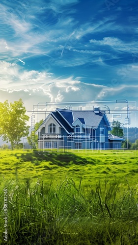 Schematic drawing of a house on a lawn with a blue sky in the background, concept of dream home, family expansion, relocation, home purchase, and mortgage.