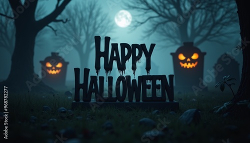 A Dark, Foggy Graveyard with Glowing Eyes and 'Happy Halloween' in a Spooky, Carved Font photo