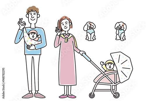 オシャレな若い夫婦と赤ちゃんと子犬