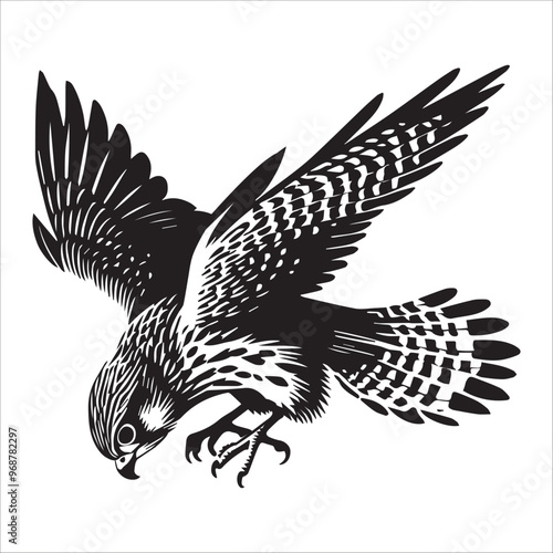 Common kestrel Silhouette Clipart - kestrel Bird Vector Illustration in black and white