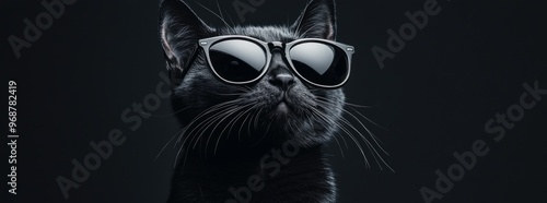 Black cat wearing sunglasses on dark background, horizontal.
Concept: stylish pet, cool cat, fashion, humor, animal portrait photo