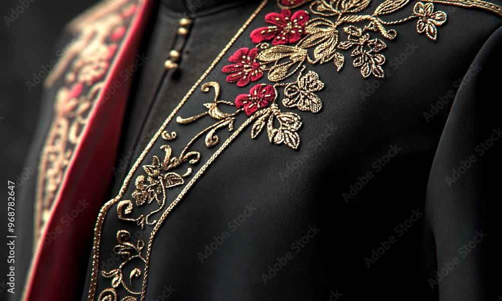 Close-up of a Black Suit Jacket with Red and Gold Embroidered Floral Design Close-up of a Black Suit Jacket with Red and Gold Embroidered Floral Design