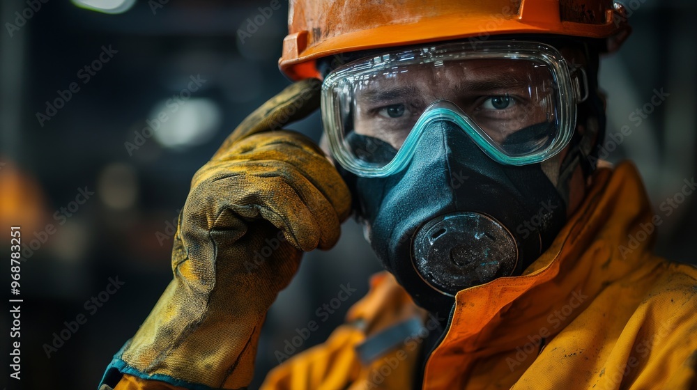 Industrial Worker Wearing Respirator Mask and Safety Glasses Industrial Worker Wearing Respirator Mask and Safety Glasses
