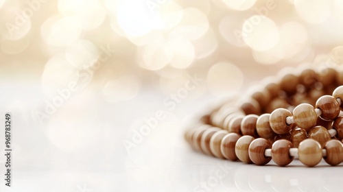 Wooden prayer beads coiled on a white surface with soft bokeh light
Spiritual and peaceful ambiance, religious accessory, calming light