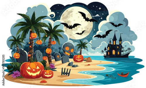 Spooky tropical beach with jack-o’-lanterns at night, moonlit sky, vector illustration