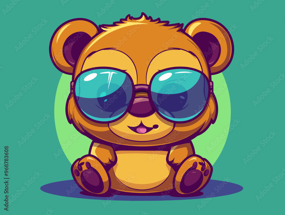 Naklejka premium A cartoon bear wearing sunglasses and sitting on a green background. The bear has a happy and playful mood