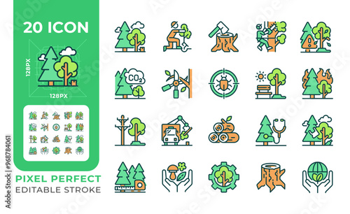 Tree services RGB color icons set. Forestry and logging. Tree care. Forest management. Nature conservation. Isolated vector illustrations. Simple filled line drawings collection. Editable stroke