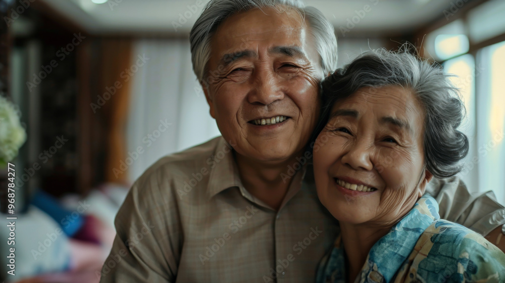 Elderly couple sharing a joyful moment together in a cozy living room during warm afternoon sunlight Elderly couple sharing a joyful moment together in a cozy living room during warm afternoon sunlight