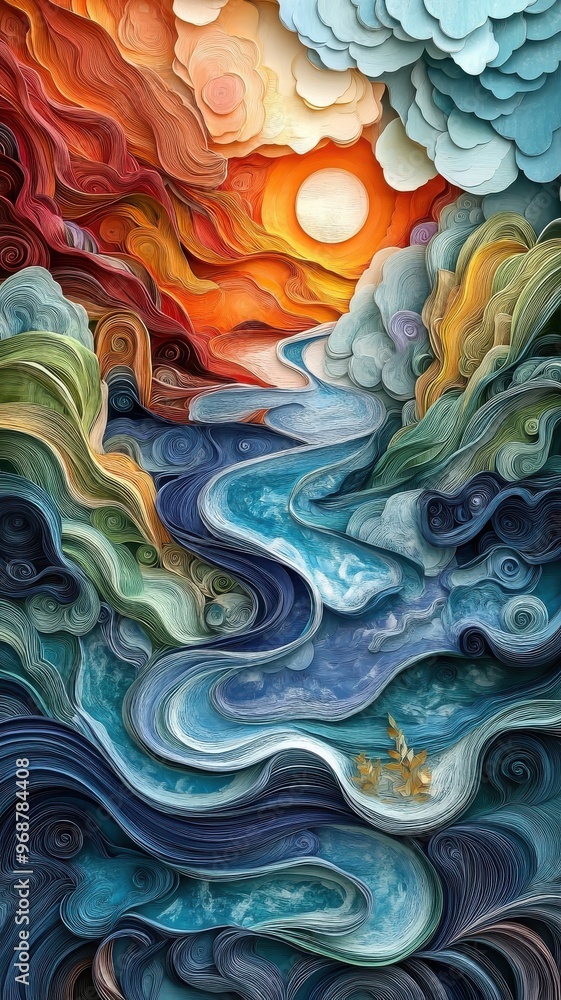 Stream depicted in paper art style with intricate cut-outs, flowing water patterns, and detailed textures. Stream depicted in paper art style with intricate cut-outs, flowing water patterns, and detailed textures.
