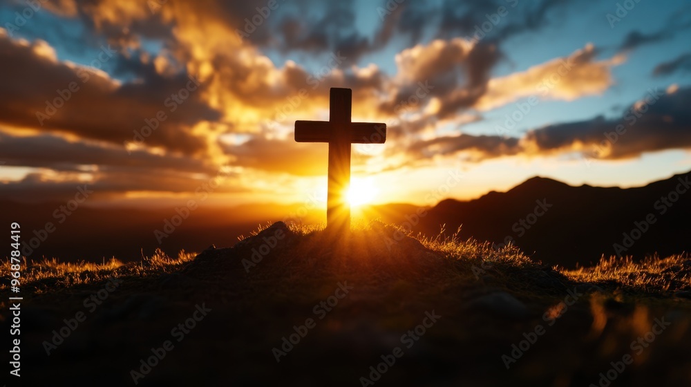 A serene sunset illuminates a cross on a hill, symbolizing faith, hope, and spirituality in nature's beauty. A serene sunset illuminates a cross on a hill, symbolizing faith, hope, and spirituality in nature's beauty.
