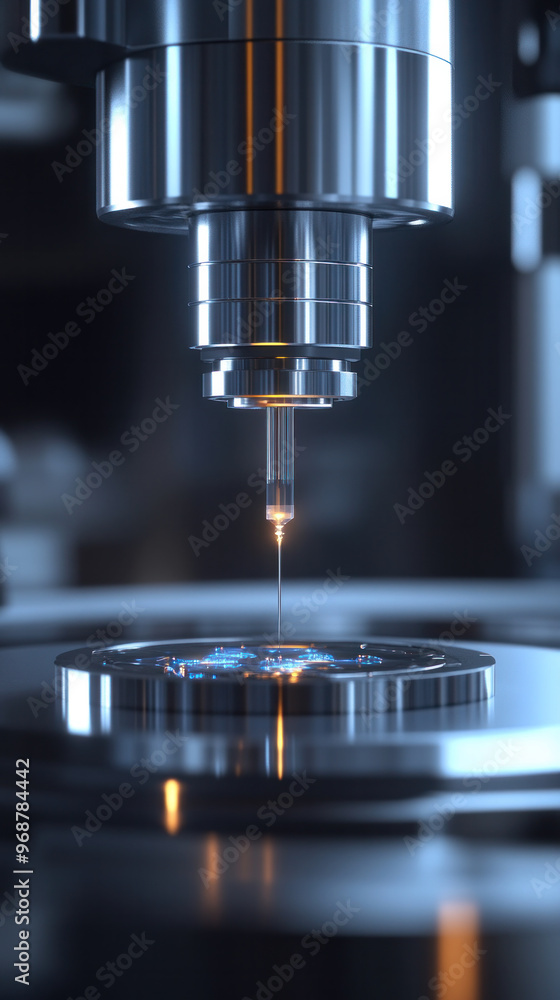 A piece of machinery with a laser beam shooting out of it. Concept of precision and technology A piece of machinery with a laser beam shooting out of it. Concept of precision and technology