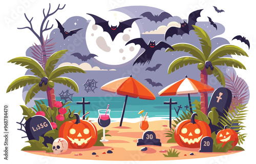 Halloween beach scene vector illustration with pumpkins and bats, festive Halloween banner