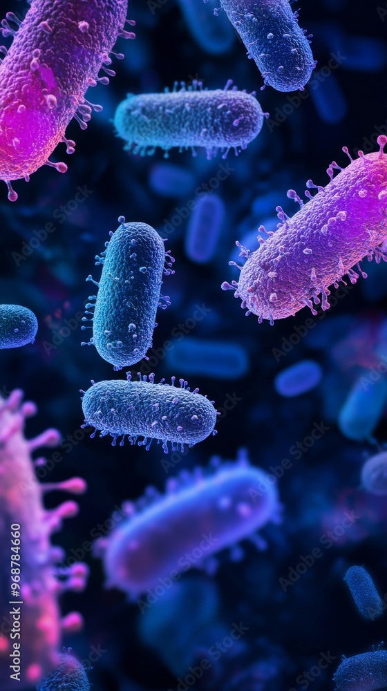 Microscopic view of colorful bacteria cells, scientific illustration. Microbiology and healthcare concept Microscopic view of colorful bacteria cells, scientific illustration. Microbiology and healthcare concept
