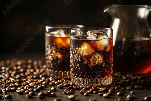 Two glasses of iced coffee in textured glassware with ice cubes and coffee beans scattered around on a dark background Iced coffee, textured glasses, coffee beans, cold drink, dark mood