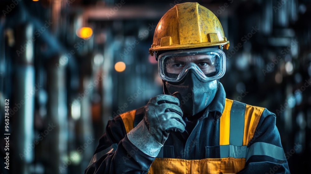 Industrial Worker in Safety Gear Hard Hat and Respirator Industrial Worker in Safety Gear Hard Hat and Respirator
