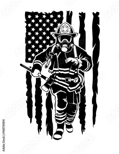 US Firefighter | Fire Department | US Flag | Fire Officer | Fireman | Firefighter Dad | 911 Emergency | Protective Gear | Original Illustration | Vector and Clipart | Cutfile and Stencil