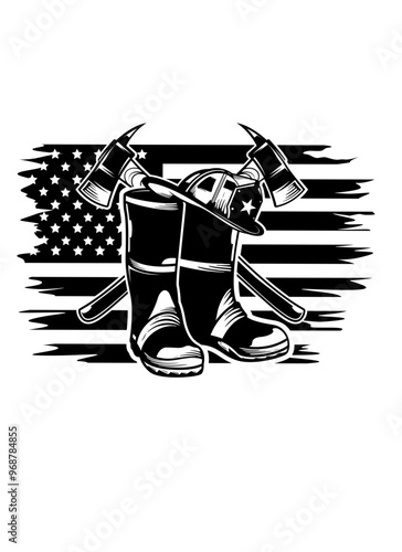 US Firefighter Gear | Firefighter | Firefighter Boots | Protective Gear | US Fireman | Fire Department | Fire Depot | Firefighter Axe | Original Illustration | Vector and Clipart | Cutfile and Stencil