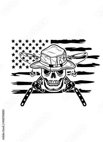 US Fisherman Skull | US Dead Angling | Crossed Fishing Rod | Skull w/Hat | US Flag | Fishing Rod | Horror Fishing | Fisherman | Original Illustration | Vector and Clipart | Cutfile and Stencil