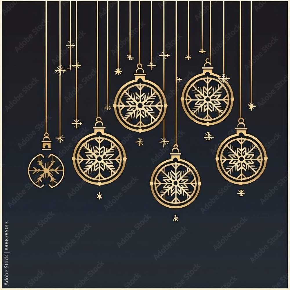 Elegant Golden Christmas Ornaments with Snowflake Design on Dark Blue Background Elegant Golden Christmas Ornaments with Snowflake Design on Dark Blue Background