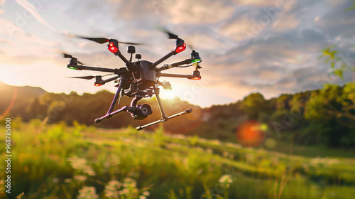 A large drone is flying over a field with a beautiful sunset in the background