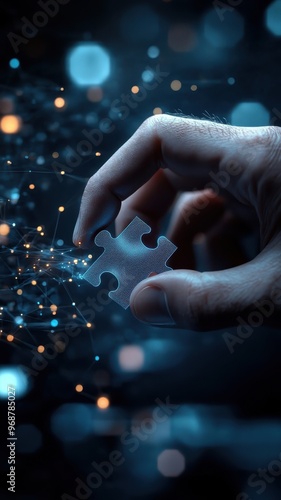Hologram hand holding puzzle piece amidst digital connections.