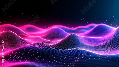 Abstract digital wave with vibrant energy lines representing data transmission in a futuristic grid-like structure dark background with neon accents Large space for text in center Stock photo with