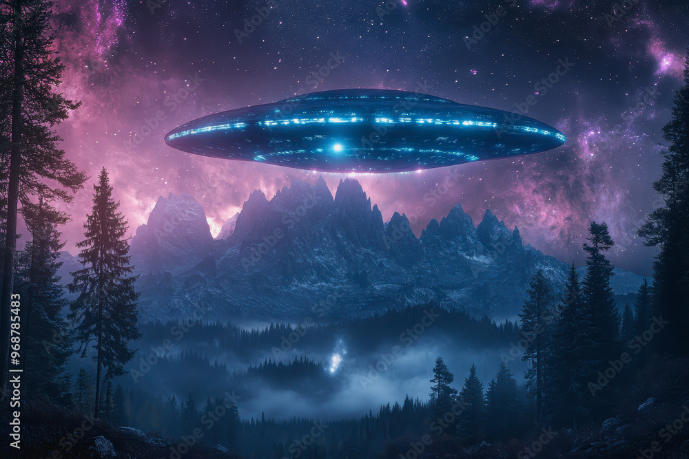 UFO over misty mountains and forest, glowing in a starry sky with colorful nebulae above UFO over misty mountains and forest, glowing in a starry sky with colorful nebulae above