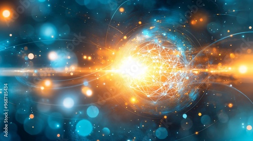 Dynamic quantum computing background with layered orbs representing qubits swirling in a complex pattern of energy waves futuristic science concept Large space for text in center Stock photo with
