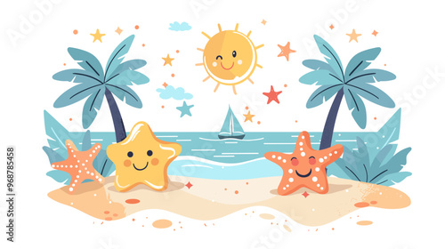 A cartoon of two smiling stars on a beach with a boat in the water. Scene is happy and cheerful