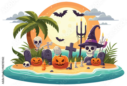 Halloween beach scene vector illustration, skeletons and pumpkins at sunset, perfect for spooky themed decorations