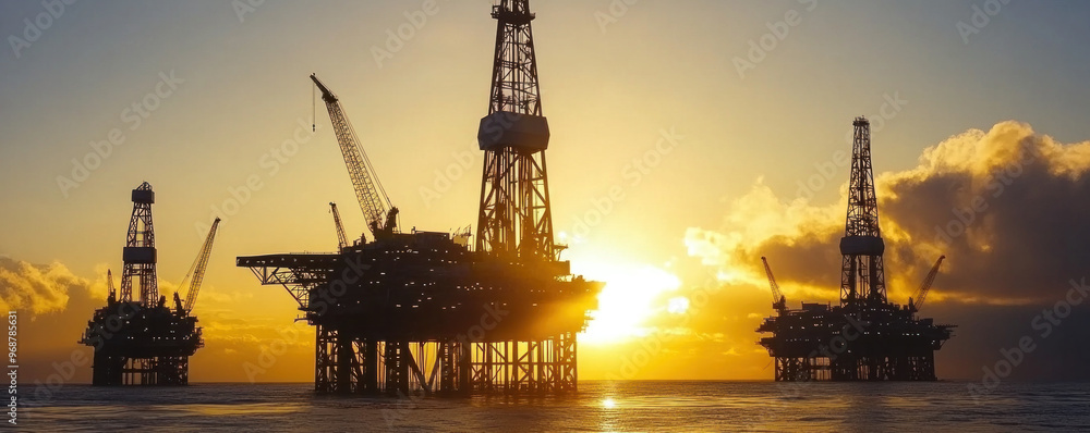 Obraz premium A sunset over the ocean with three oil rigs in the background. The sun is setting and the sky is orange