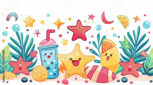 A cartoonish scene of a beach with a drink, a star, and an orange. The drink is a straw cup with a straw in it. The star is smiling and the orange is also smiling. The scene is bright and cheerful