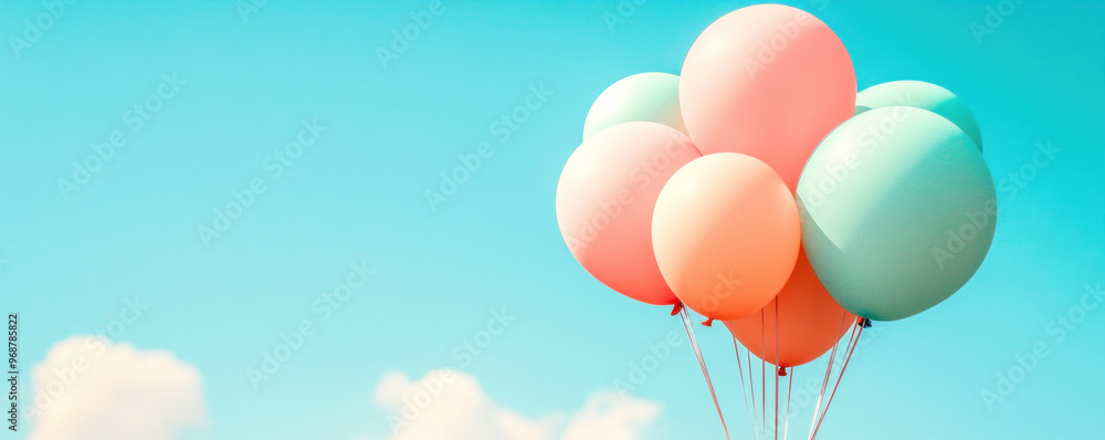 A bunch of balloons in the air with a blue sky background. The balloons are pink, orange, and green A bunch of balloons in the air with a blue sky background. The balloons are pink, orange, and green
