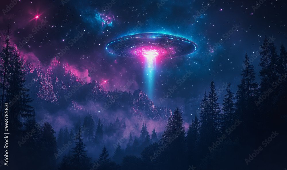 UFO over misty mountains and forest, glowing in a starry sky with colorful nebulae above UFO over misty mountains and forest, glowing in a starry sky with colorful nebulae above