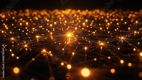AI neural network interface glowing with bright nodes and interconnecting lines representing the processing of vast amounts of machine learning data Large space for text in center Stock photo with