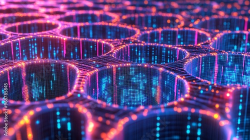 AI neural network interface glowing with bright nodes and interconnecting lines representing the processing of vast amounts of machine learning data Large space for text in center Stock photo with