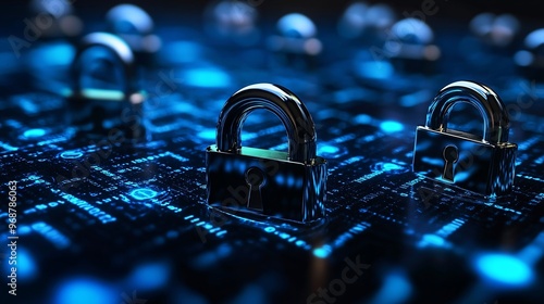 Cybersecurity code matrix with flowing green and blue digital data encrypted codes floating on a dark background with locks symbolizing protection Large space for text in center Stock photo with copy