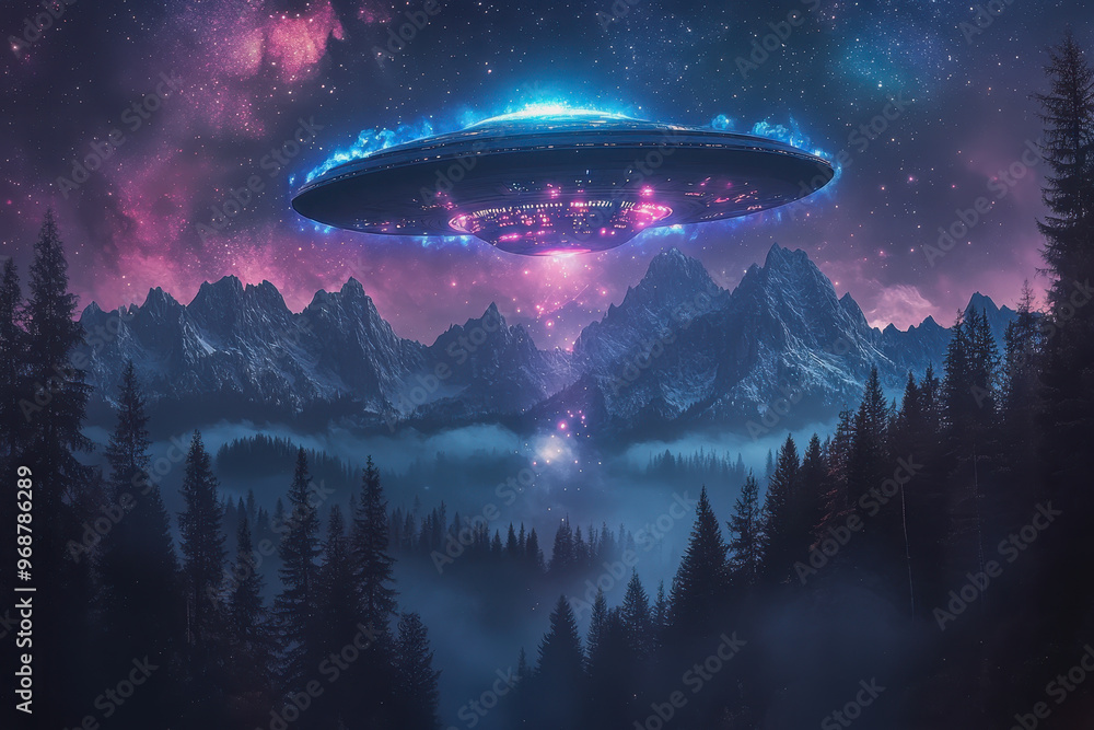 UFO over misty mountains and forest, glowing in a starry sky with colorful nebulae above UFO over misty mountains and forest, glowing in a starry sky with colorful nebulae above