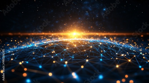 Data flow through a futuristic digital grid with glowing blue energy lines symbolizing advanced technology and network connectivity Large space for text in center Stock photo with copy space