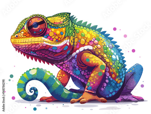 A colorful lizard with a rainbow tail is sitting on a white background. The image has a playful and whimsical mood, with the bright colors and the lizard's unique appearance