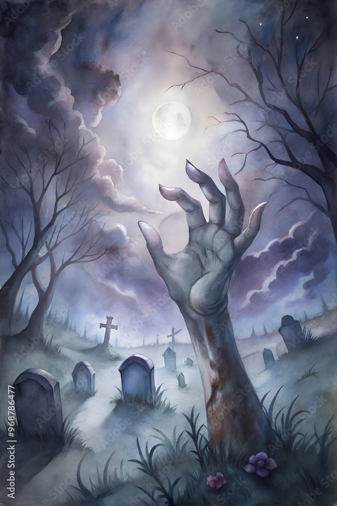 Naklejka premium Spooky Halloween Cemetery with a Zombie Hand Reaching from the Grave
