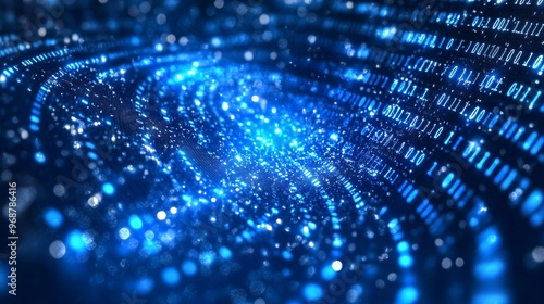 Data flow through a futuristic digital grid with glowing blue energy lines symbolizing advanced technology and network connectivity Large space for text in center Stock photo with copy space